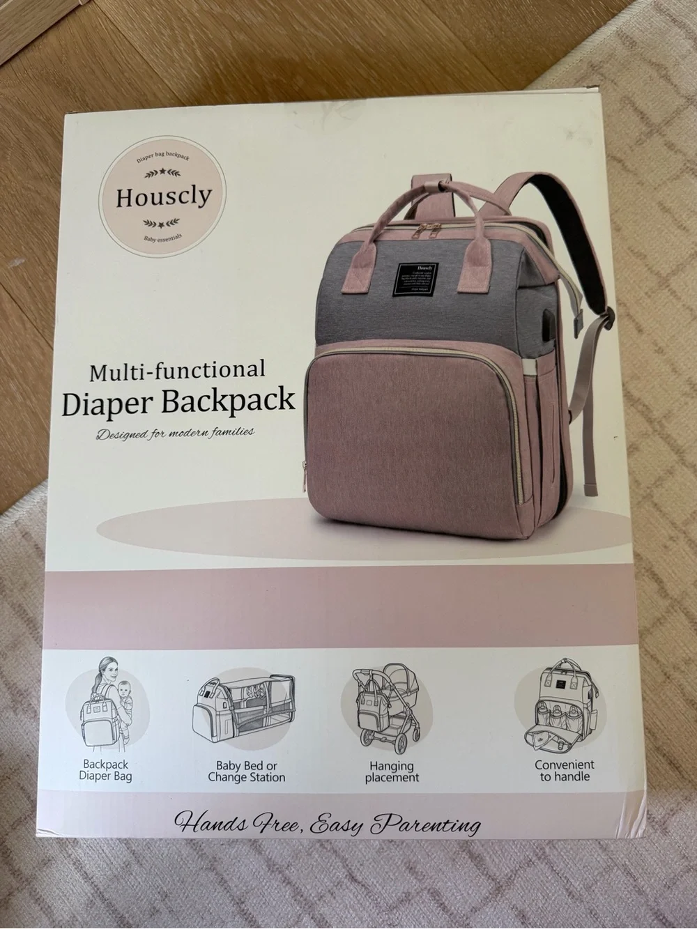 Multi-Functional Diaper Backpack — Pink and Gray